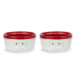 Pair of Demdaco Santa Ramekins (4.5″ dia x 2″ h), 8 oz stoneware with Santa face and red rim—available at Be Charmed.