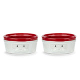 Pair of Demdaco Santa Ramekins (4.5″ dia x 2″ h), 8 oz stoneware with Santa face and red rim—available at Be Charmed.