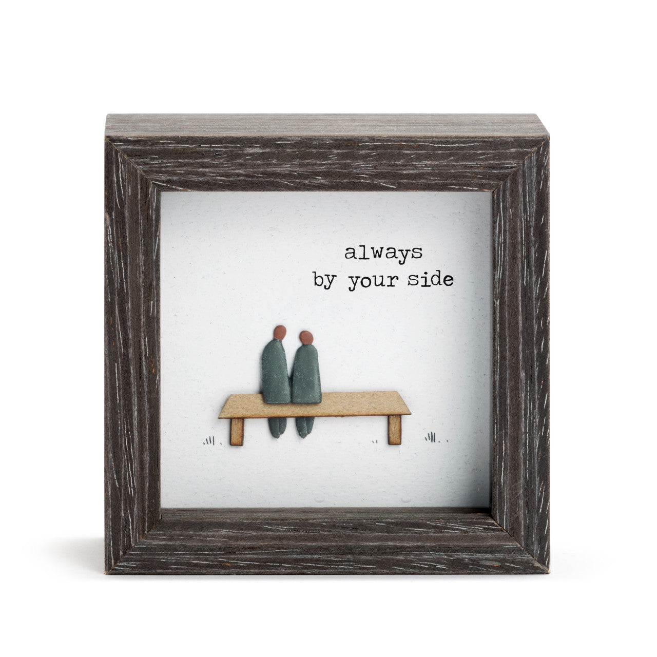 Framed artwork with two people on a bench and 'always by your side' text.  Available at Be Charmed