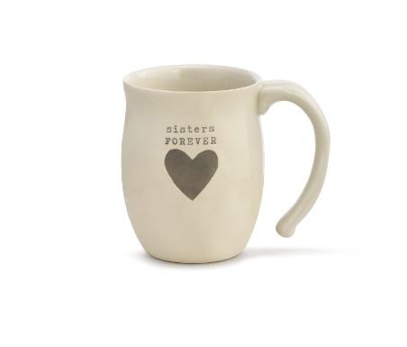 Demdaco "Sisters Forever" Heart Mug, 16 oz stoneware with hand-thrown feel and heart cutout, microwave & dishwasher safe—available at Be Charmed.