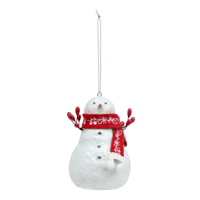 Hand‑painted Demdaco resin Snowman Berry Branch ornament with red berry branch arms and scarf, 2.5″×3.5″ – available at Be Charmed.
