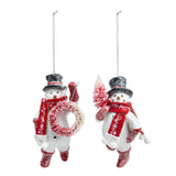 Demdaco hand‑painted “Sparkly Snowmen” glass ornament with silver glitter accents and red ribbon hanger—festive holiday décor. Available at Be Charmed.
