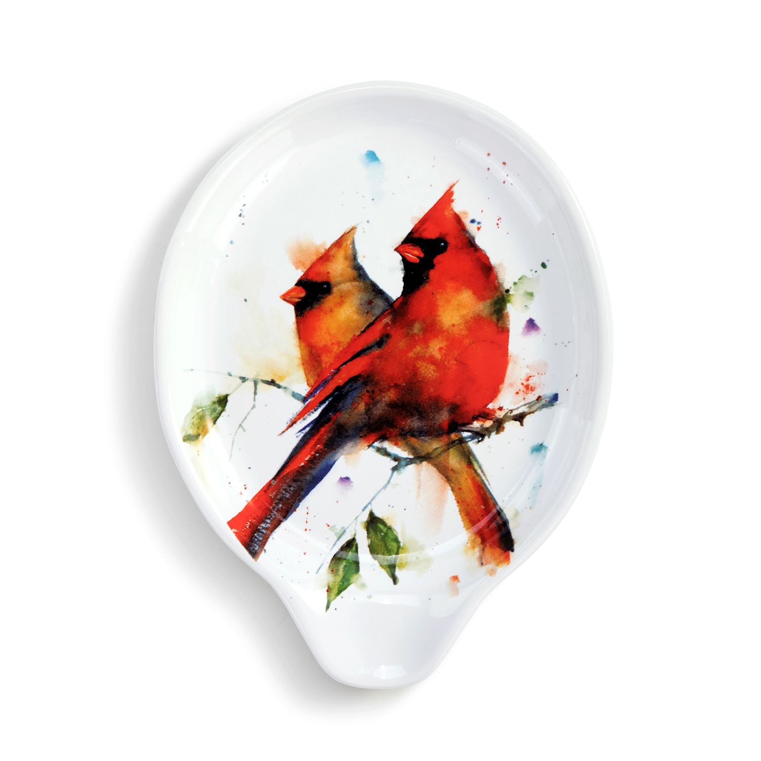 Teardrop-shaped object with red cardinals on a white background. Available at Be Charmed