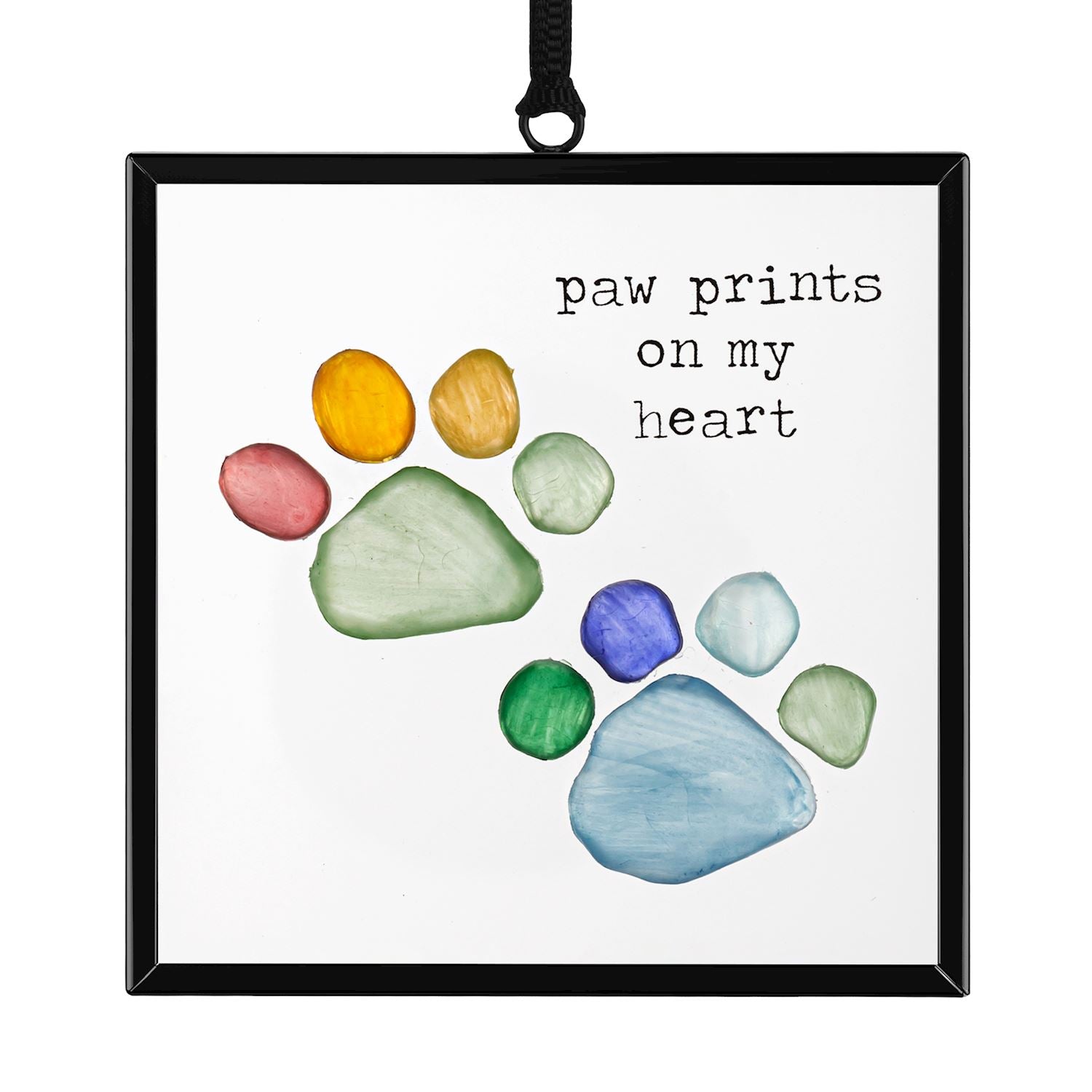 Decorative plaque with colorful paw prints and 'paw prints on my heart' text. Available at Be Charmed