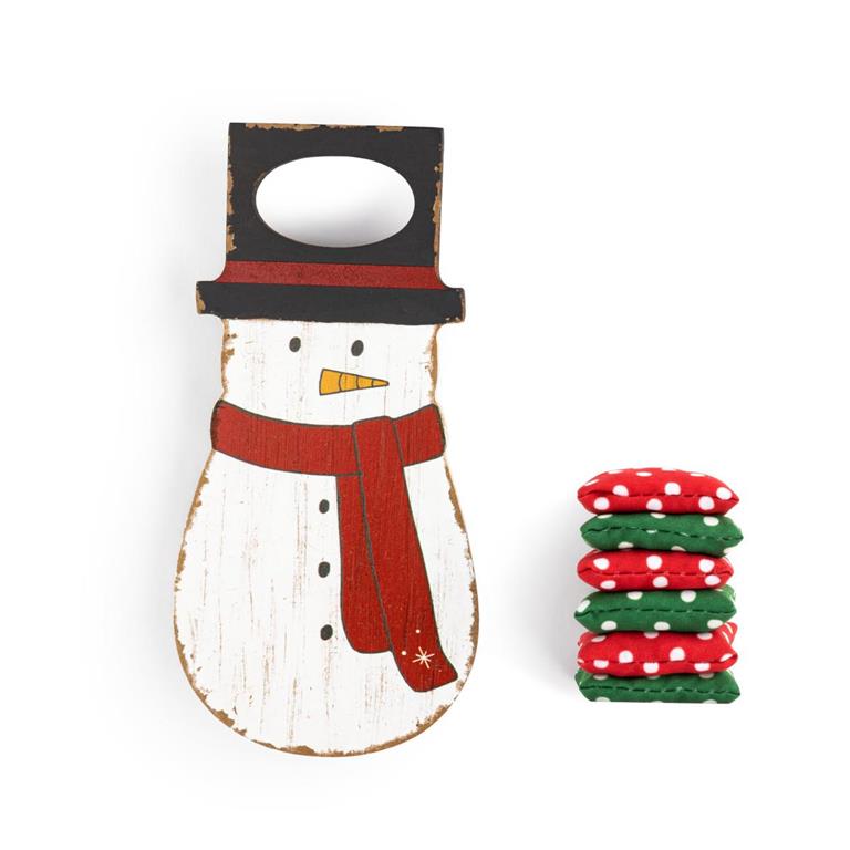 Wooden snowman decoration with a stack of polka dot fabric squares on a white background. Available at Be Charmed