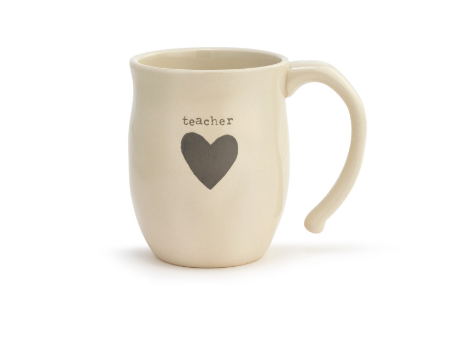 16 oz Demdaco Teacher Heart Mug in cream stoneware, microwave and dishwasher safe, available at Be Charmed.