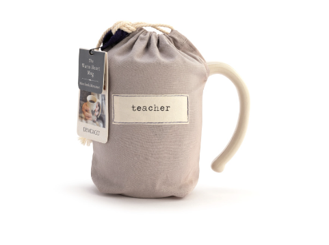 16 oz Demdaco Teacher Heart Mug in cream stoneware in fabric pouch, microwave and dishwasher safe, available at Be Charmed.