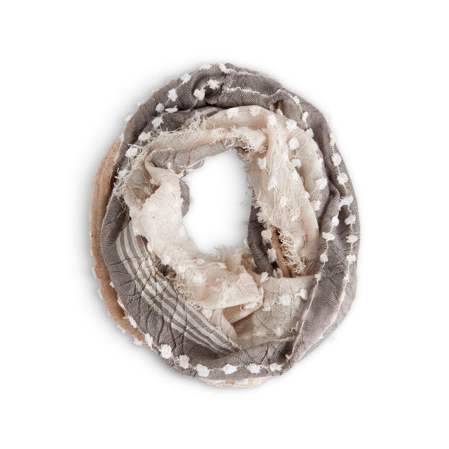 Demdaco Textured Tan Infinity Scarf in soft knit fabric, cozy and stylish, available at Be Charmed.