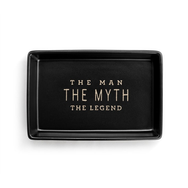 Black tray with 'The Man, The Myth, The Legend' text on a white background. Available at Be Charmed