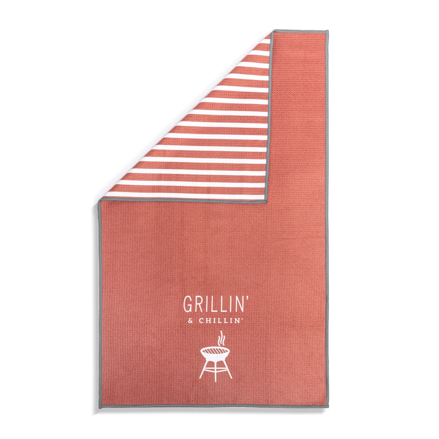 Red and white striped towel with 'Grillin' & Chillin' logo on a white background. Available at Be Charmed