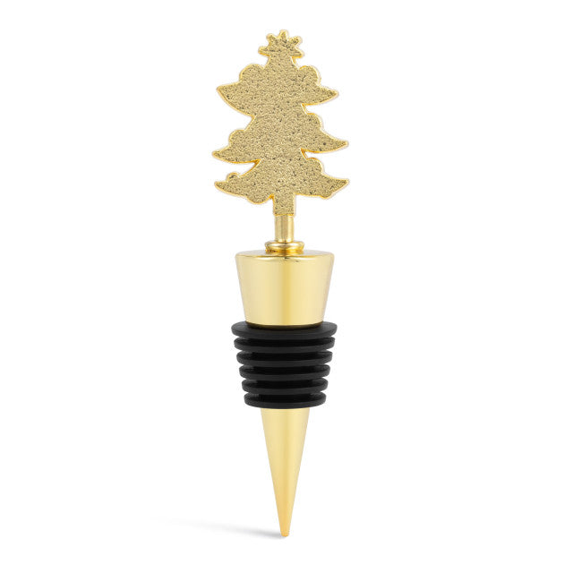 Back view of Demdaco Tree bottle stopper, 4″ tall metal & silicone stopper topped with decorated green Christmas tree—available at Be Charmed.