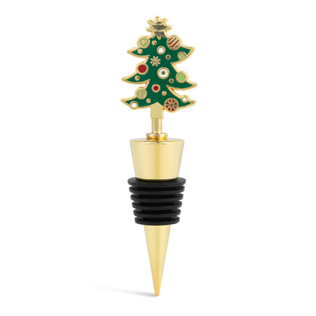 Demdaco Tree bottle stopper, 4″ tall metal & silicone stopper topped with decorated green Christmas tree—available at Be Charmed.