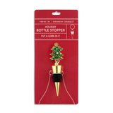 Demdaco Tree bottle stopper displayed on package, 4″ tall metal & silicone stopper topped with decorated green Christmas tree—available at Be Charmed.