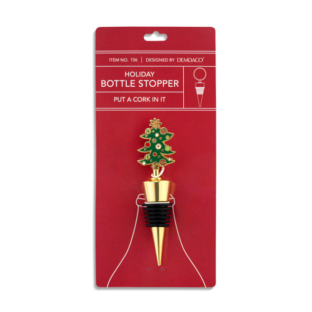 Demdaco Tree bottle stopper displayed on package, 4″ tall metal & silicone stopper topped with decorated green Christmas tree—available at Be Charmed.