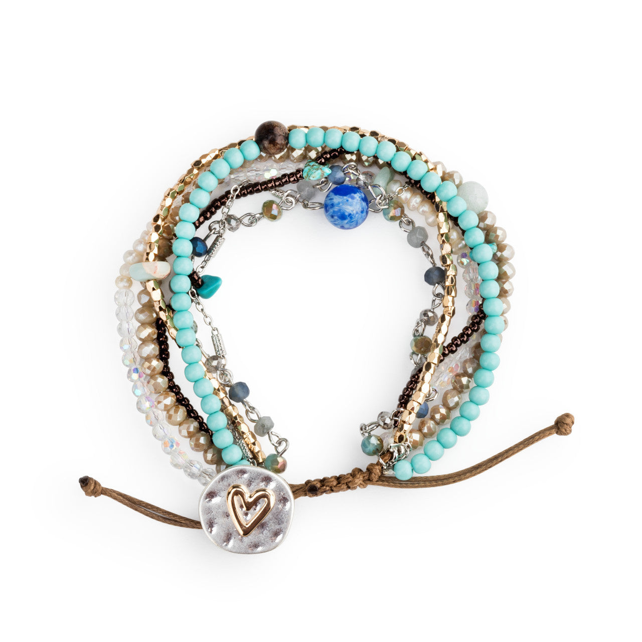 Demdaco Turquoise Beaded Love Bracelet with seven strands and heart pendant, available at Be Charmed.