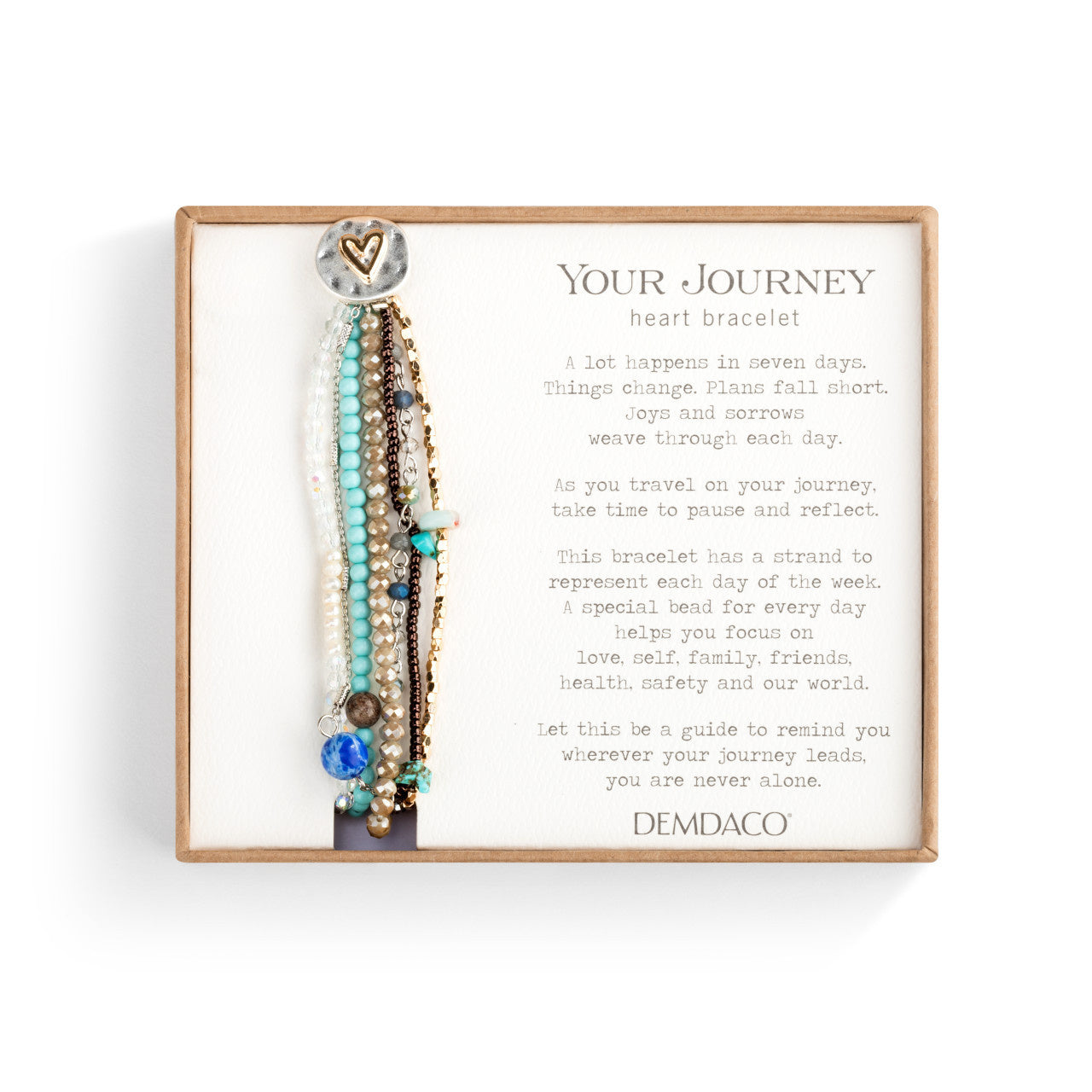 Demdaco Turquoise Beaded Love Bracelet with seven strands and heart pendant in box, available at Be Charmed.