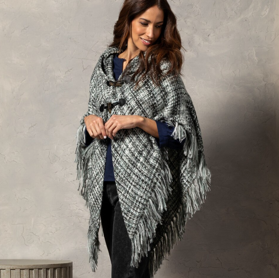 Demdaco Tweed Toggle Wrap in gray with cozy fabric and toggle closures, stylish layering piece—Available at Be Charmed.