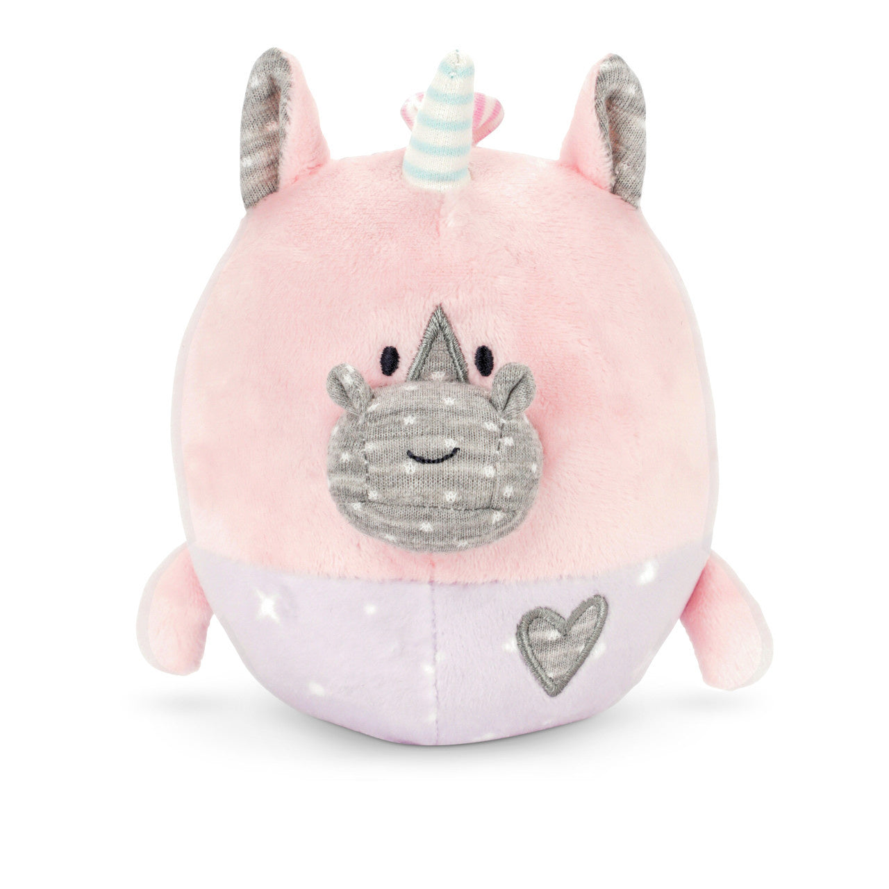 Wobble One Unicorn plush (5.5″ × 5″) with weighted bell inside, polyester fiber and plastic construction—available at Be Charmed.