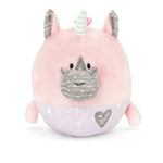 Wobble One Unicorn plush (5.5″ × 5″) with weighted bell inside, polyester fiber and plastic construction—available at Be Charmed.