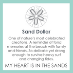 Description card of Alpine White Sand Dollar Pendant – elegant all-gold sand dollar design symbolizing peace, renewal, and coastal beauty, crafted by Lola, available at Be Charmed
