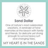 Description card of Alpine White Sand Dollar Pendant – elegant all-gold sand dollar design symbolizing peace, renewal, and coastal beauty, crafted by Lola, available at Be Charmed
