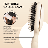 Teleties Boars Bristle Hairbrush with features highlighted on a beige background. Available at Be Charmed