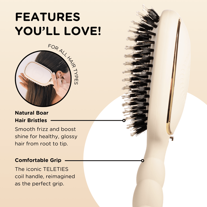 Teleties Boars Bristle Hairbrush with features highlighted on a beige background. Available at Be Charmed