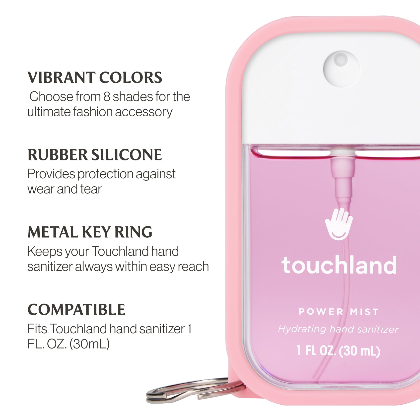 Pink hand sanitizer with key ring and case, featuring Touchland branding. Available at Be Charmed