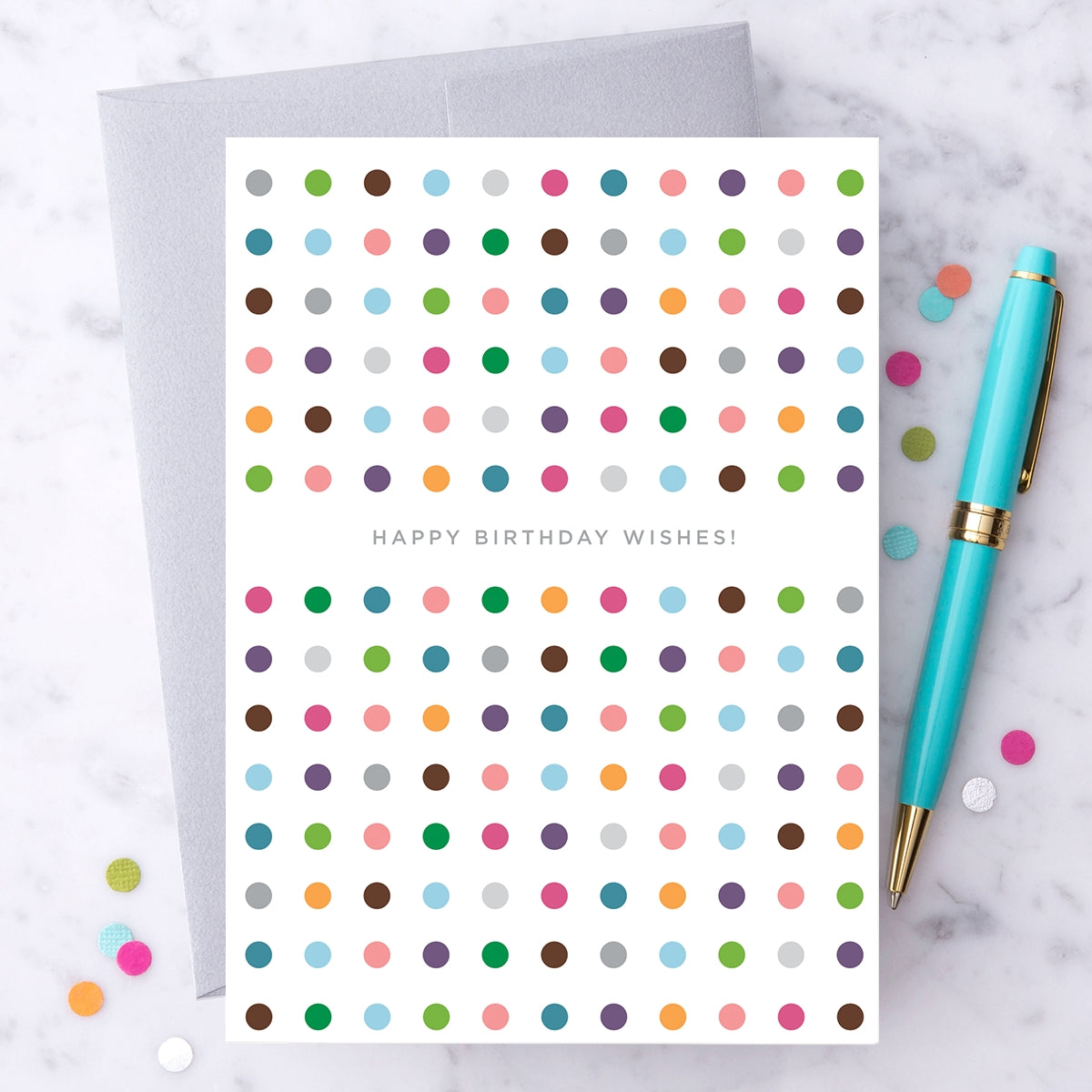 Design With Heart Birthday Card with “Happy Birthday Wishes” message, elegant stationery for celebrations. Available at Be Charmed.