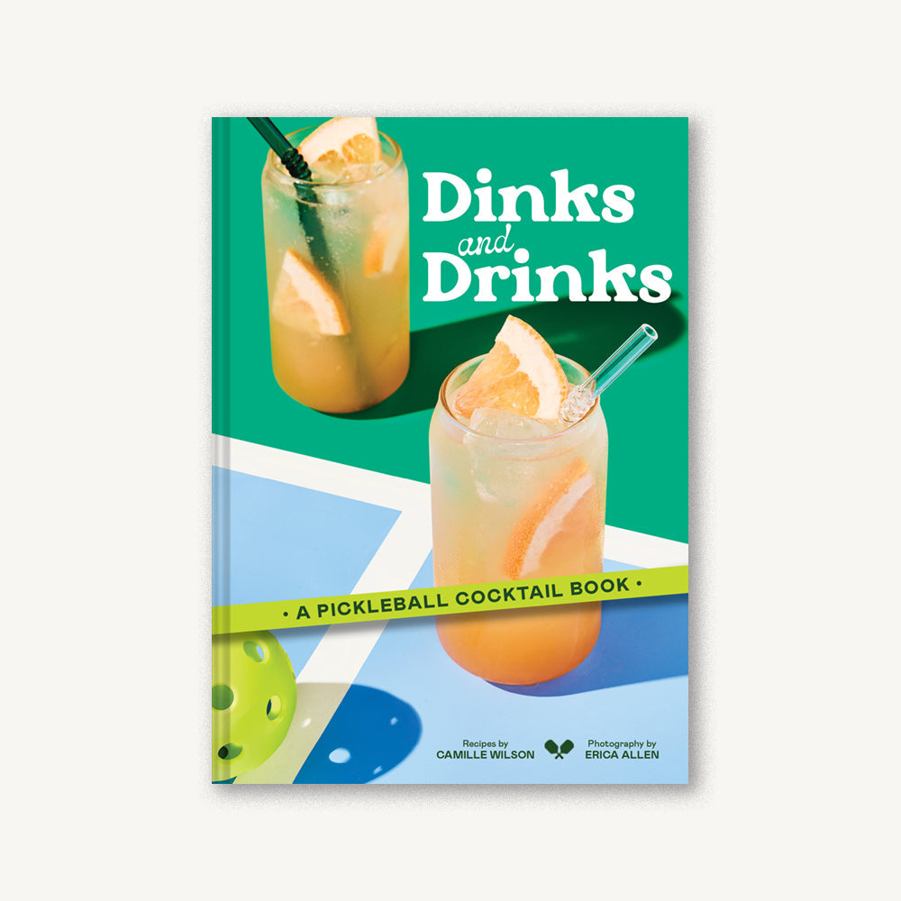 Book cover of 'Dinks and Drinks: A Pickleball Cocktail Book' with cocktail images on a green background. Available at Be Charmed