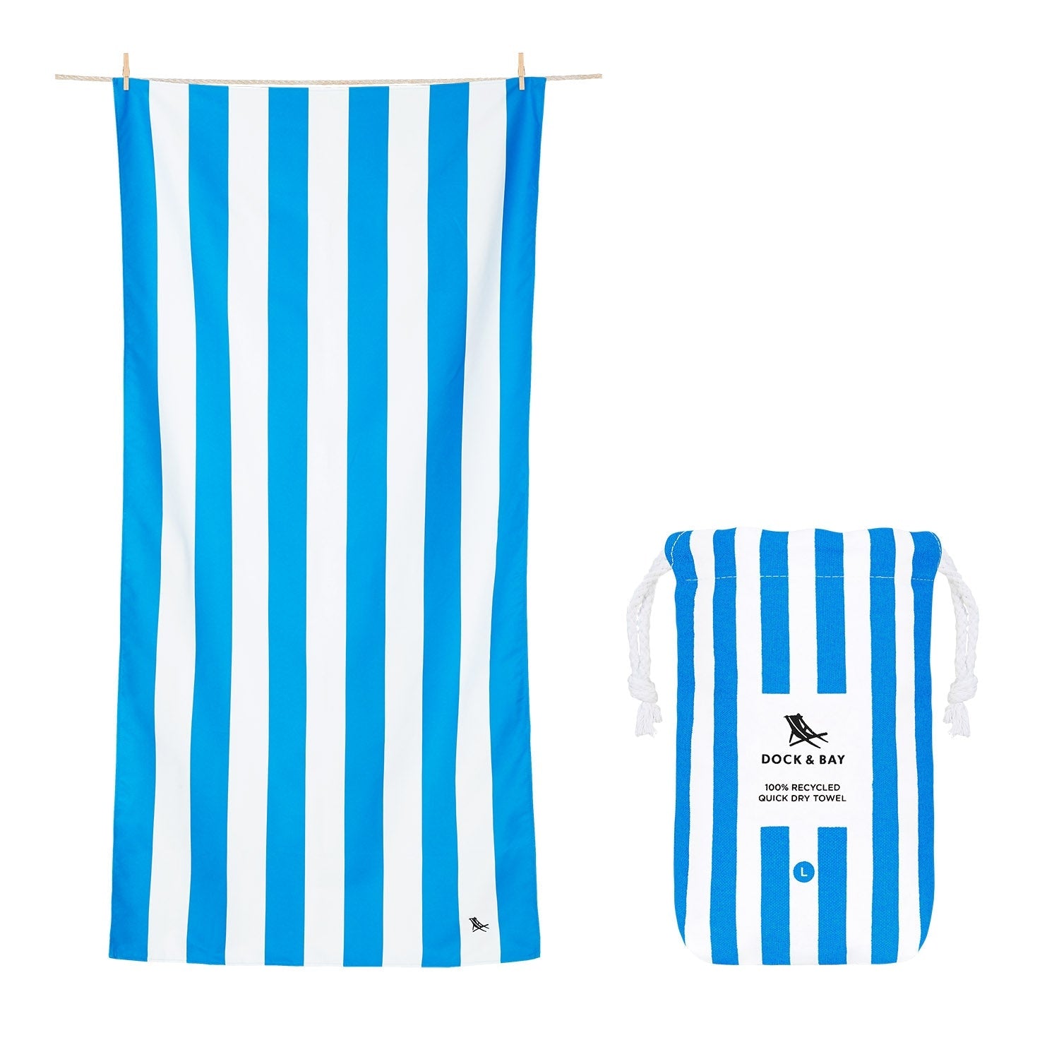 Dock & Bay Large Quick Dry Towel – Vibrant striped design in Bondi Blue, lightweight and quick-drying, ideal for beach outings.