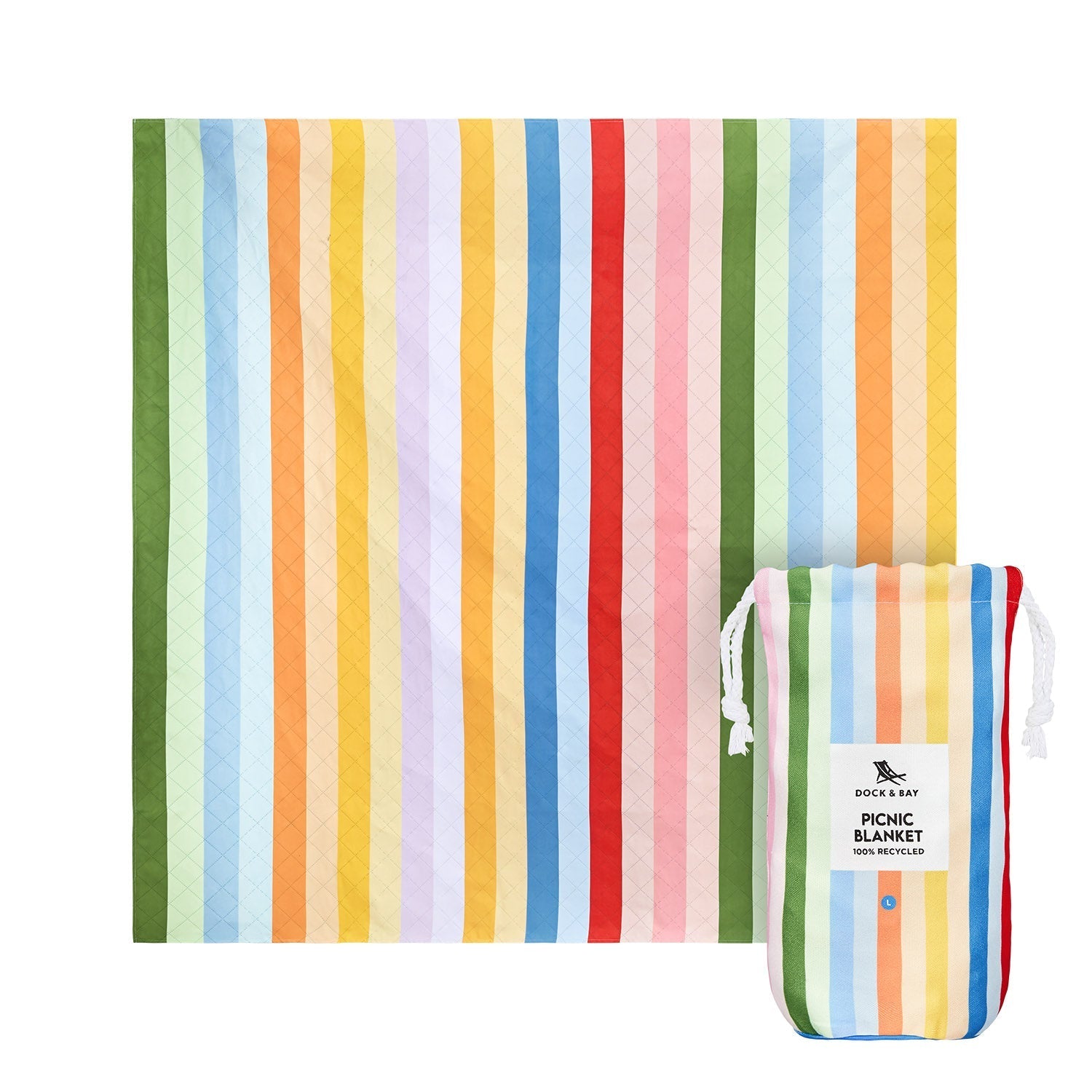 Dock & Bay Picnic Blanket – Vibrant, eco-friendly blanket with waterproof backing, ideal for picnics and beach days, available  in Candy Stripes at Be Charmed.