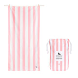 Dock & Bay Large Quick Dry Towel – Vibrant striped design in Malibu Pink, lightweight and quick-drying, ideal for beach outings.