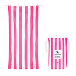 Dock & Bay Large Quick Dry Towel – Vibrant striped design in Phi Phi Pink, lightweight and quick-drying, ideal for beach outings.