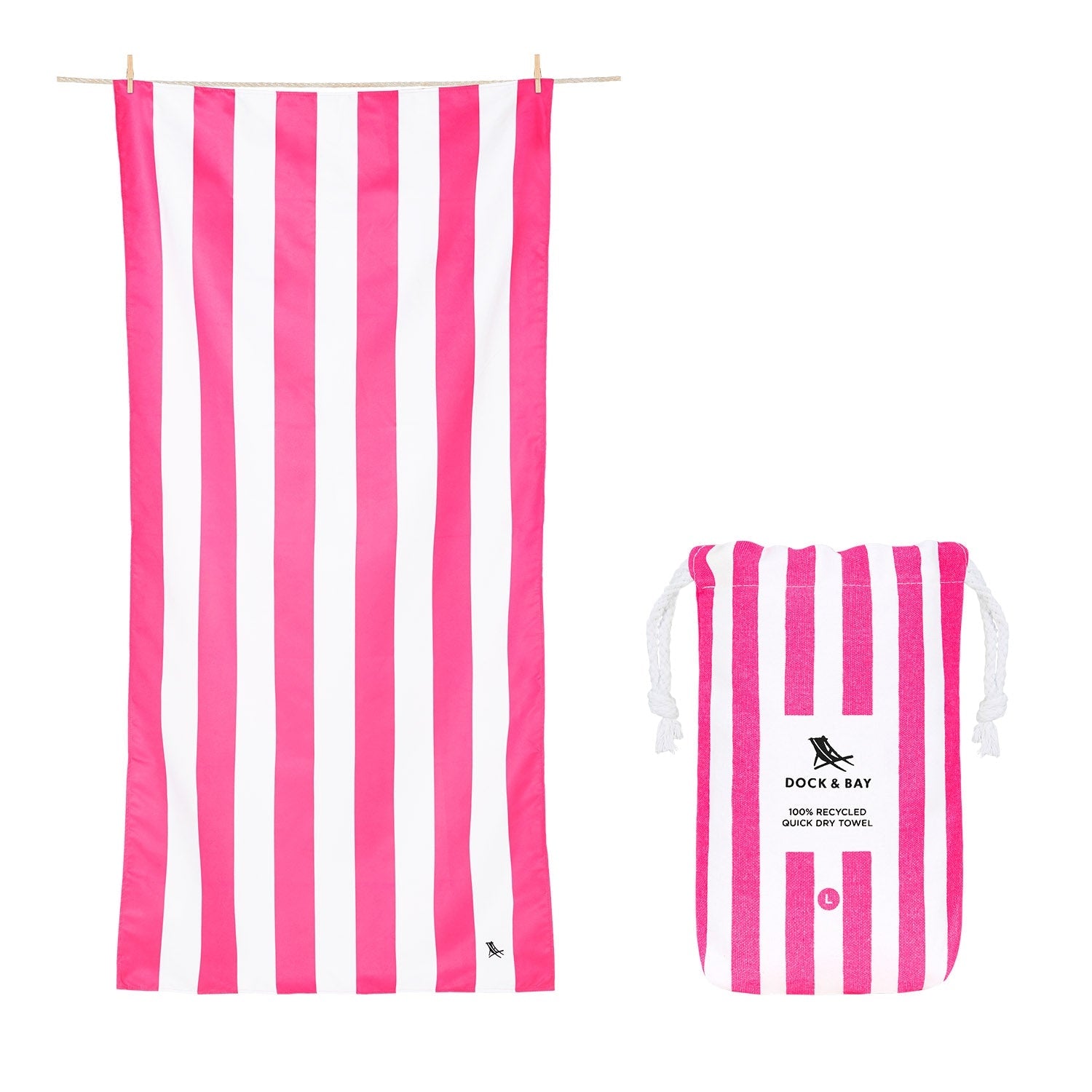 Dock & Bay Large Quick Dry Towel – Vibrant striped design in Phi Phi Pink, lightweight and quick-drying, ideal for beach outings.