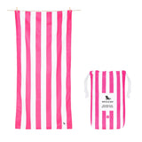 Dock & Bay Large Quick Dry Towel – Vibrant striped design in Phi Phi Pink, lightweight and quick-drying, ideal for beach outings.