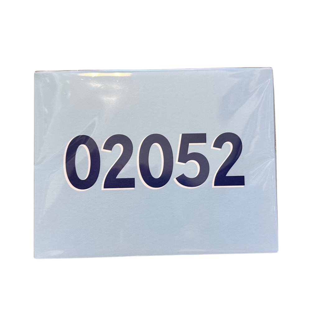 A bright blue foldover notecard with the zipcode 02052 printed on the front. Available at Be Charmed