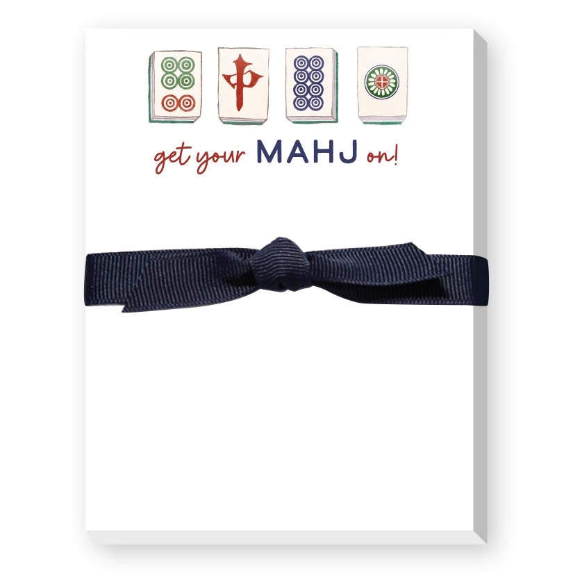 Notepad with mahjong-themed stickers and a navy ribbon on a white background. Available at Be Charmed