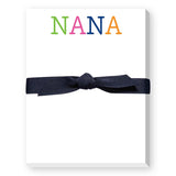 A mini notepad with 'NANA' written in colorful letters on the cover, tied with a black ribbon. Available at Be Charmed