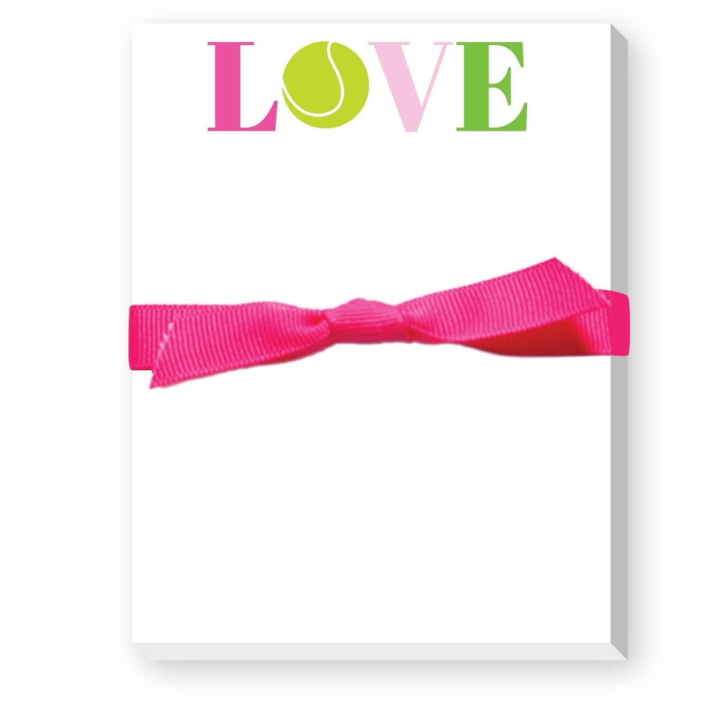 A mini notepad with a pink bow and the word 'love' printed in green and pink on the cover. Avaiable at Be Charemd