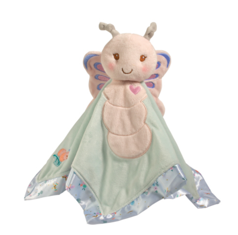 Douglas Bria Butterfly Snuggler with soft plush butterfly head, velvety blanket body, and pastel wings. A gentle lovey for baby comfort. Available at Be Charmed.