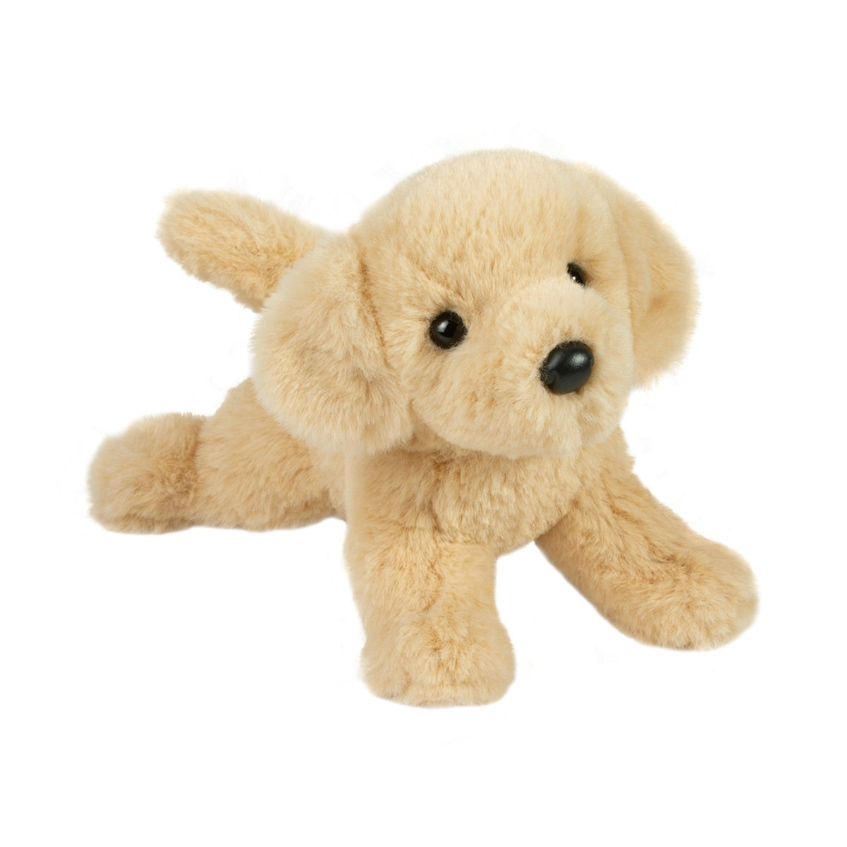 A mini soft yellow lab stuffed animal with a nose for adventure, laying on its belly. Available at Be Charmed