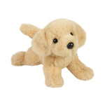 A mini soft yellow lab stuffed animal with a nose for adventure, laying on its belly. Available at Be Charmed