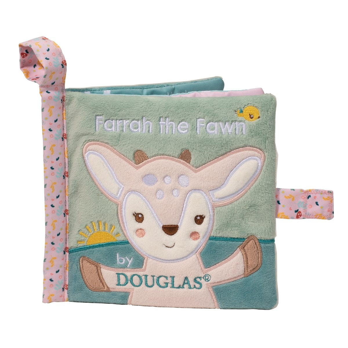 Douglas Farrah Fawn plush activity book featuring soft pages, crinkle textures, and woodland artwork. Designed for baby sensory play. Available at Be Charmed.