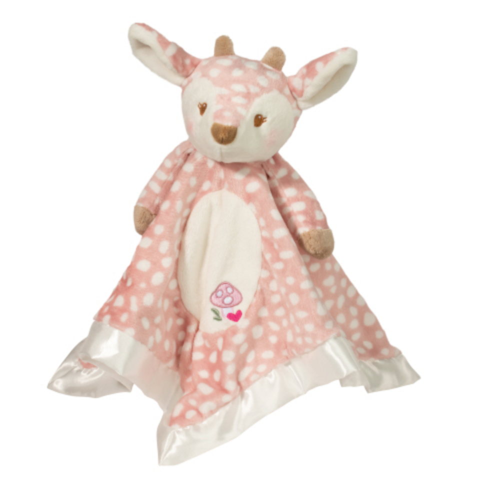 Douglas Farrah Pink Fawn Snuggler featuring a plush baby deer head with floppy ears and a soft pink velvety blanket body. Gentle and cozy baby lovey. Available at Be Charmed.