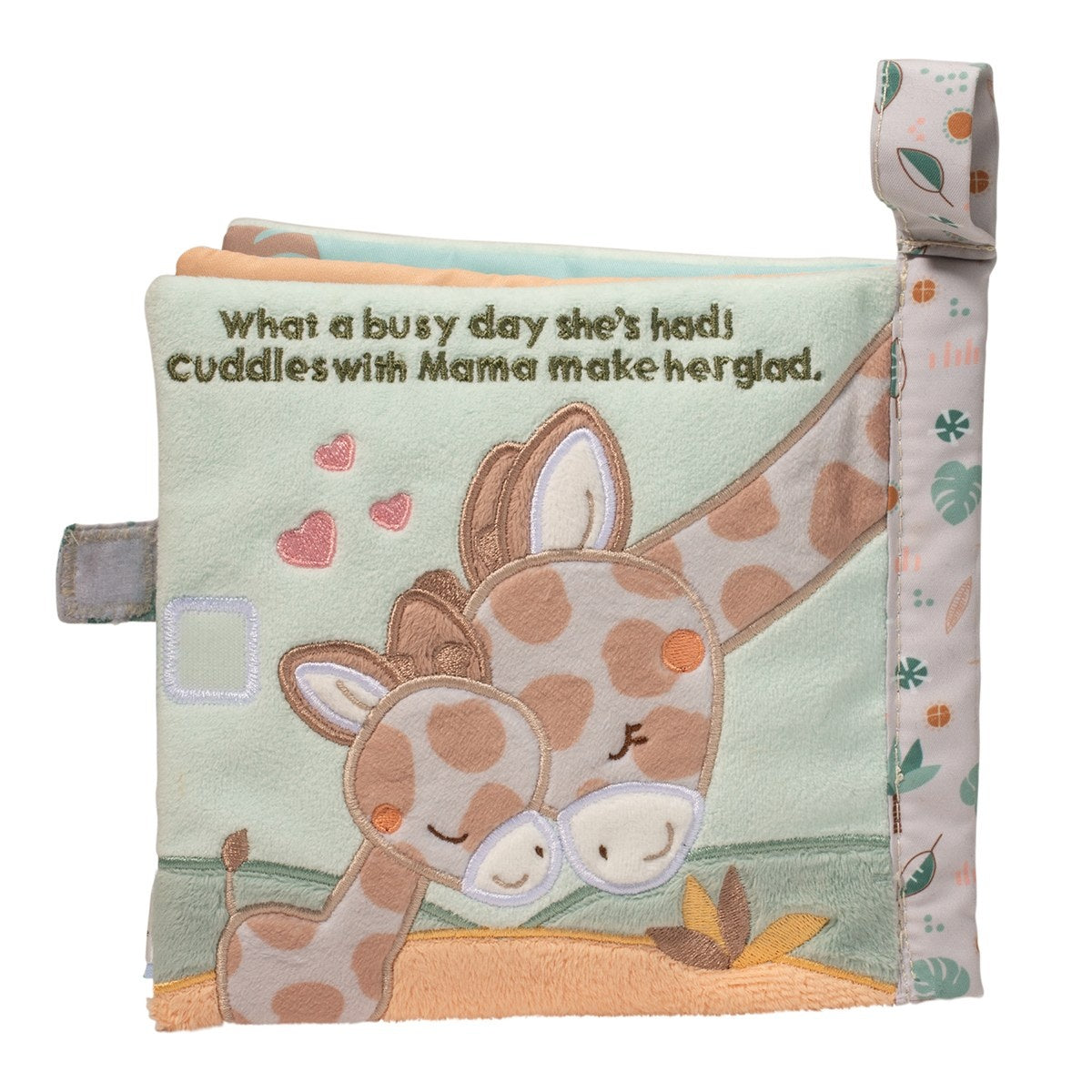 Back of Douglas Georgie Giraffe plush activity book with soft fabric pages, textured tabs, and baby-safe crinkle sounds. Ideal for sensory play. Available at Be Charmed.
