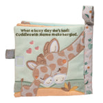 Back of Douglas Georgie Giraffe plush activity book with soft fabric pages, textured tabs, and baby-safe crinkle sounds. Ideal for sensory play. Available at Be Charmed.
