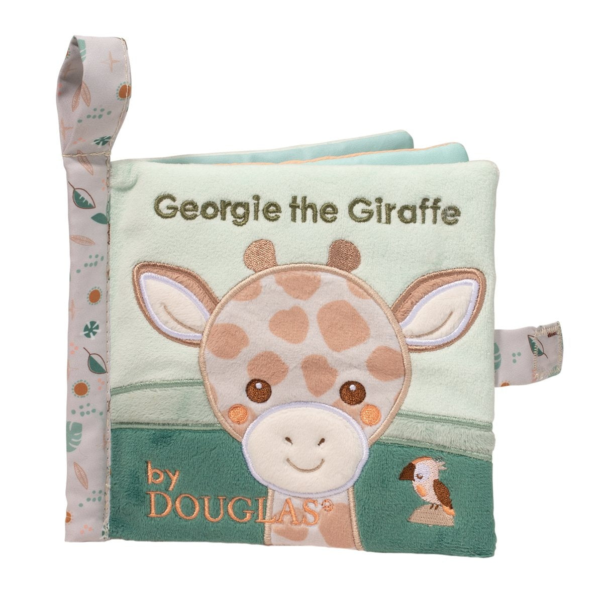 Douglas Georgie Giraffe plush activity book with soft fabric pages, textured tabs, and baby-safe crinkle sounds. Ideal for sensory play. Available at Be Charmed.