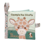 Douglas Georgie Giraffe plush activity book with soft fabric pages, textured tabs, and baby-safe crinkle sounds. Ideal for sensory play. Available at Be Charmed.