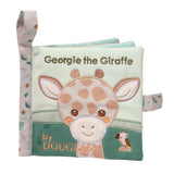 Douglas Georgie Giraffe plush activity book with soft fabric pages, textured tabs, and baby-safe crinkle sounds. Ideal for sensory play. Available at Be Charmed.
